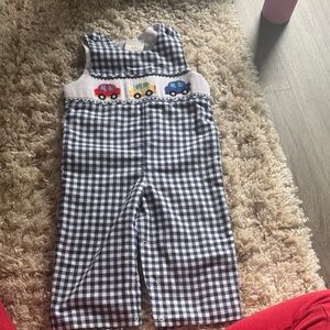 Kids' Blue Checkered Romper with Car Embroidery